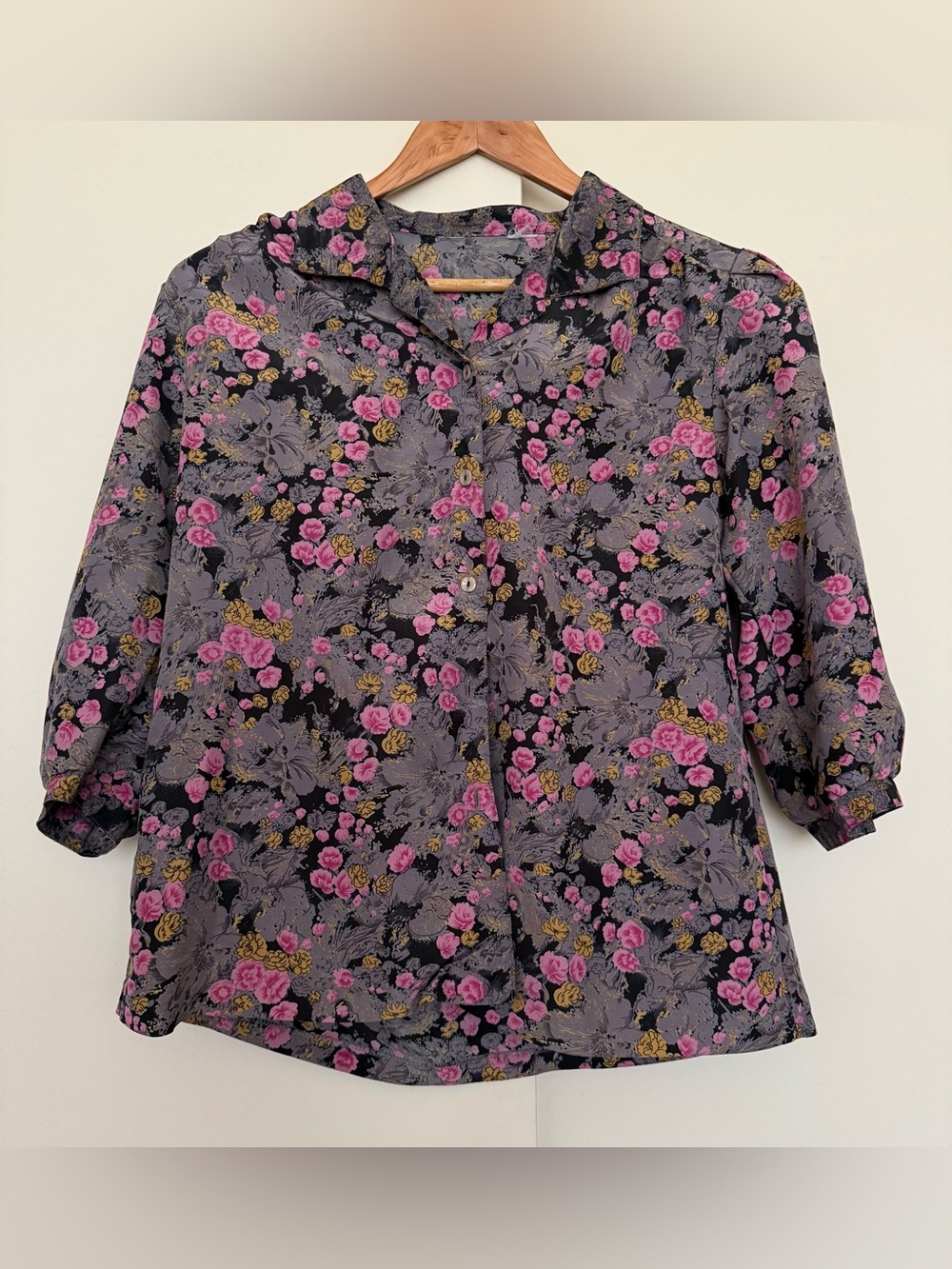 Vintage Dark Academia Floral Puff 3/4 Sleeve Black Pink Blouse M/L Cottagecore